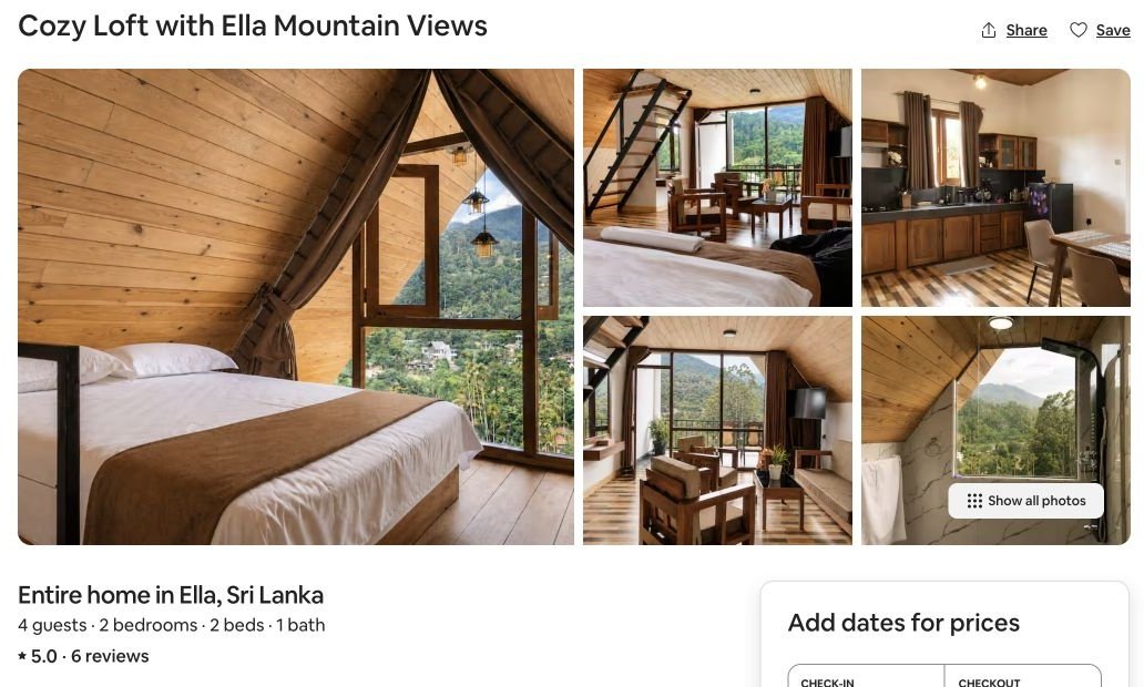 Actual Airbnb listing overview for an Ella home, with bedroom, living space, kitchen and mountain view photos