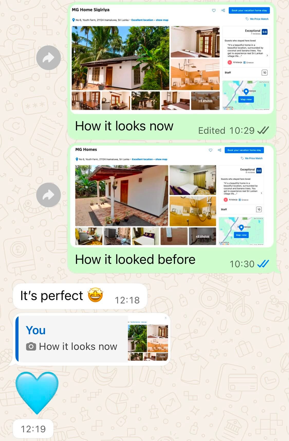 Full WhatsApp conversation showing How it looks now, How it looked before, and the client reply It’s perfect